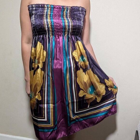 Women's Medium Yellow and Purple Floral Tubetop Dress / Skirt - Picture 1 of 7